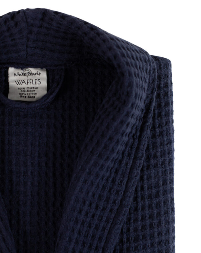 WAFFLES_shawl_collar_bathrobe_navy-3__54213 100% Cotton Lightweight Waffle Dressing Gown