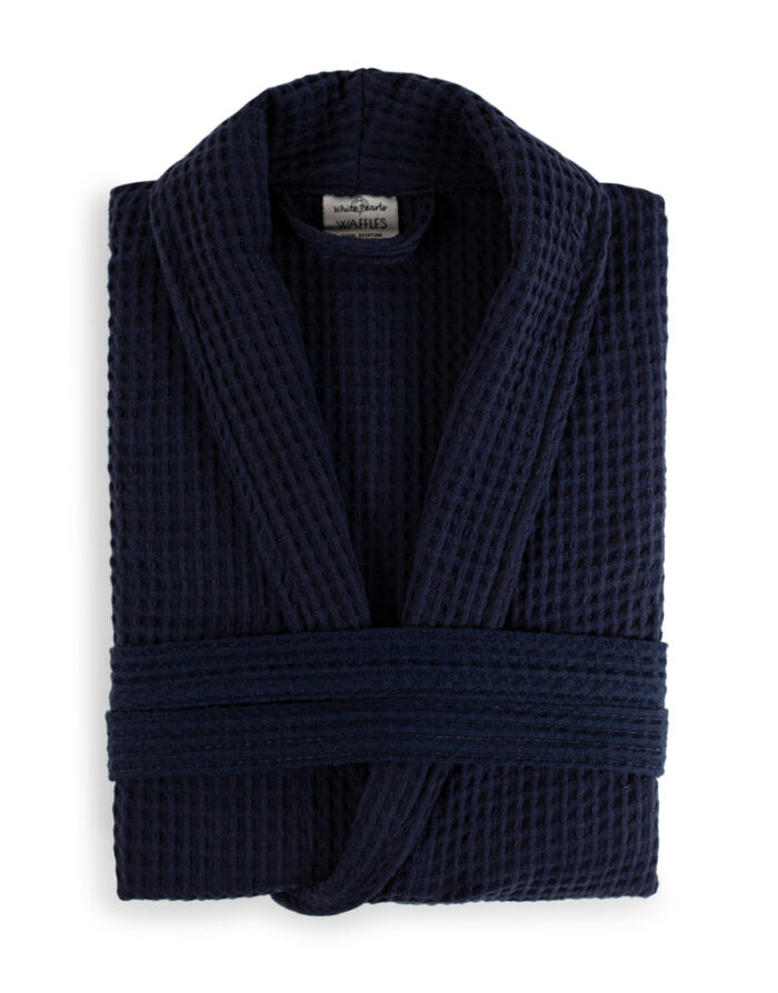 WAFFLES_shawl_collar_bathrobe_navy-4__31529 100% Cotton Lightweight Waffle Dressing Gown