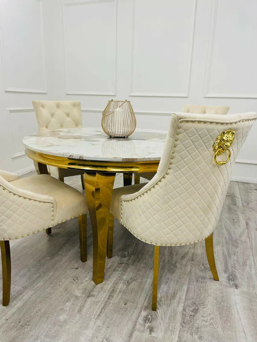 Round Marble Dining Table Cream and Gold