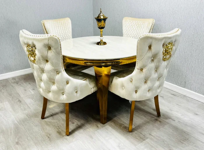 Round Marble Dining Table Cream and Gold
