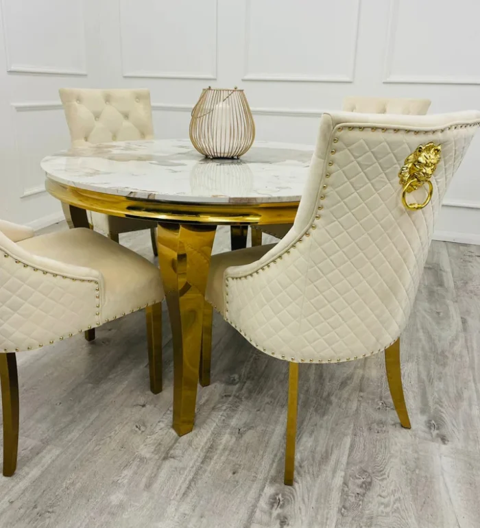 Round Marble Dining Table Cream and Gold