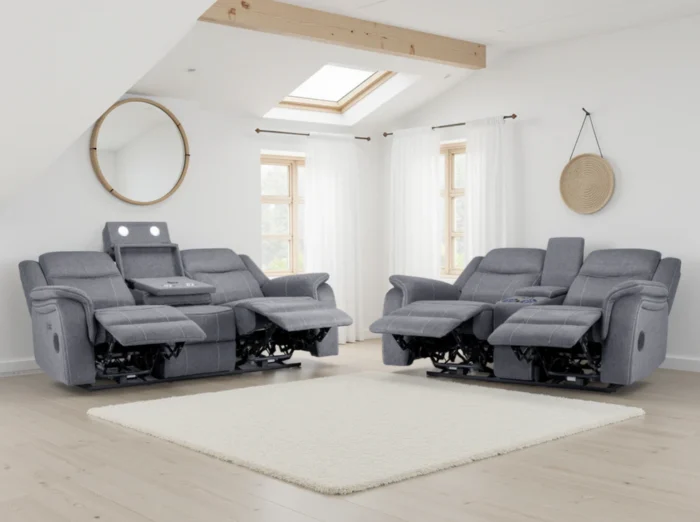 Galaxy Tech Electric Recliner Sofa Grey Fabric 3+2 Set