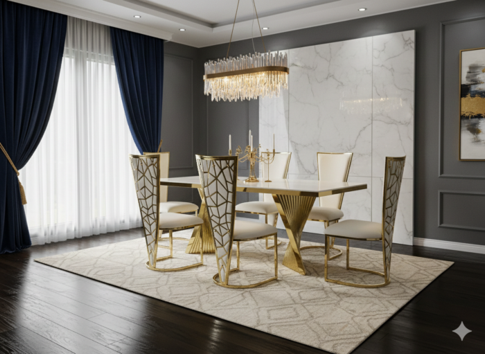 Ravello 160cm Cream & Gold Marble Dining Table