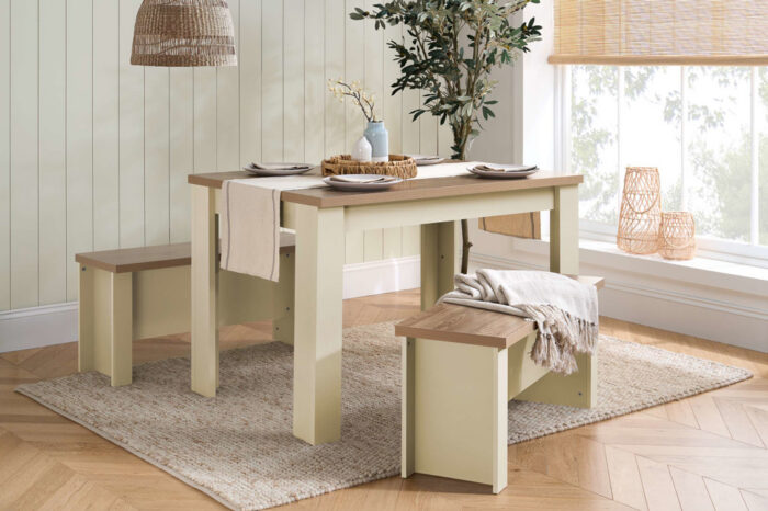HIGHGATE DINING TABLE AND BENCH SET CREAM & OAK EFFECT
