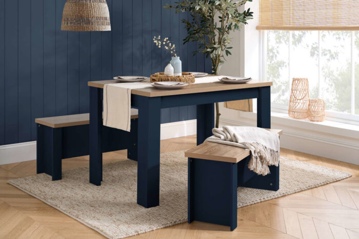 HIGHGATE DINING TABLE AND BENCH SET NAVY BLUE & OAK EFFECT